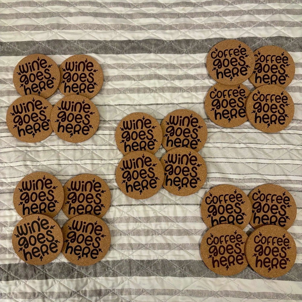Wine & Coffee Laser Engraved Cork Coasters 12 Wine 8 Coffee Coasters